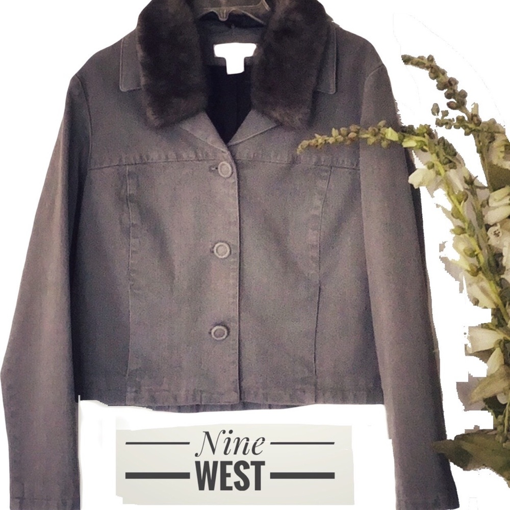 Nine West Gray Jean Jacket w/Removable Fur Collar